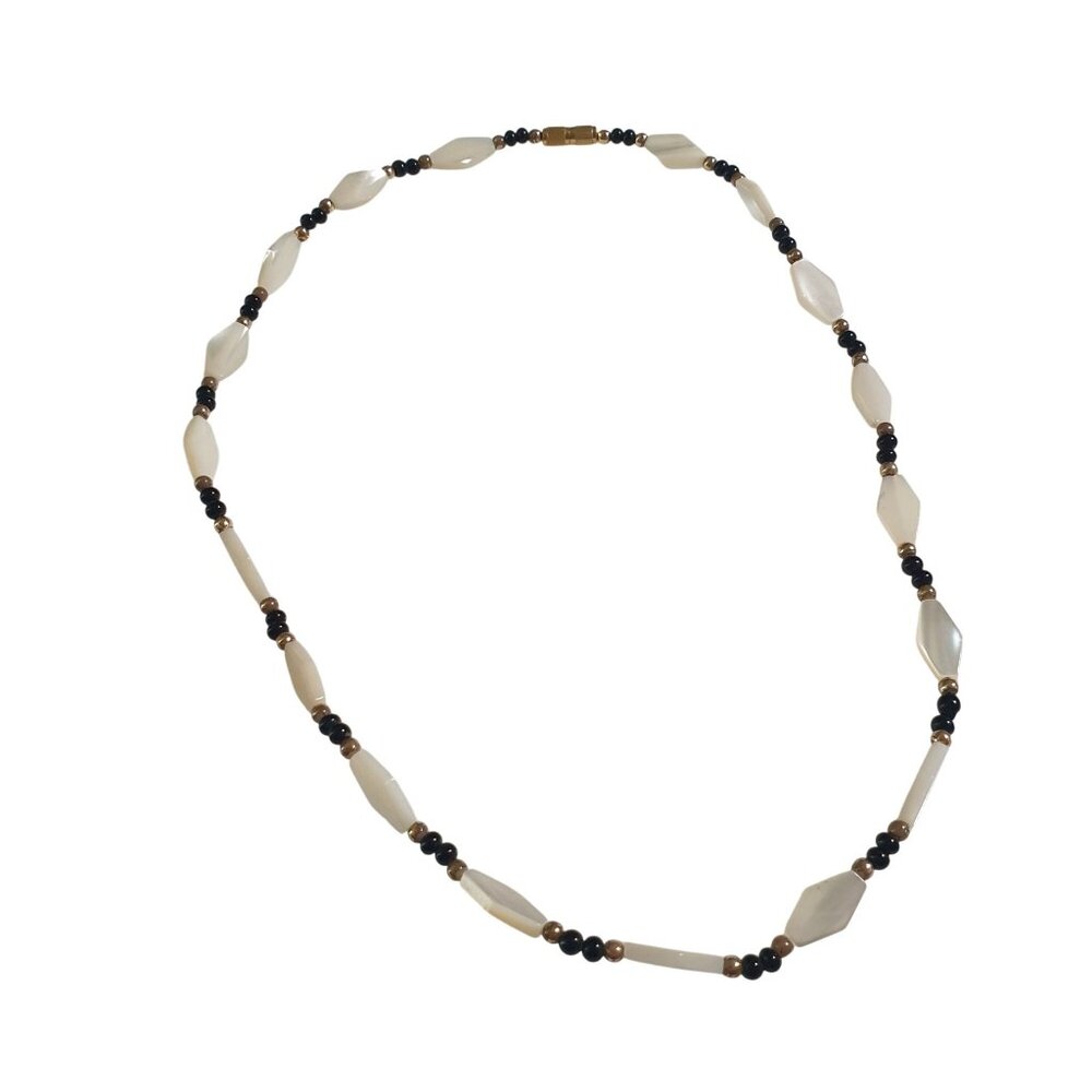 Mother Of Pearl Black Beaded Necklace Barrell Clasp Handmade Jewelry Gift Boho